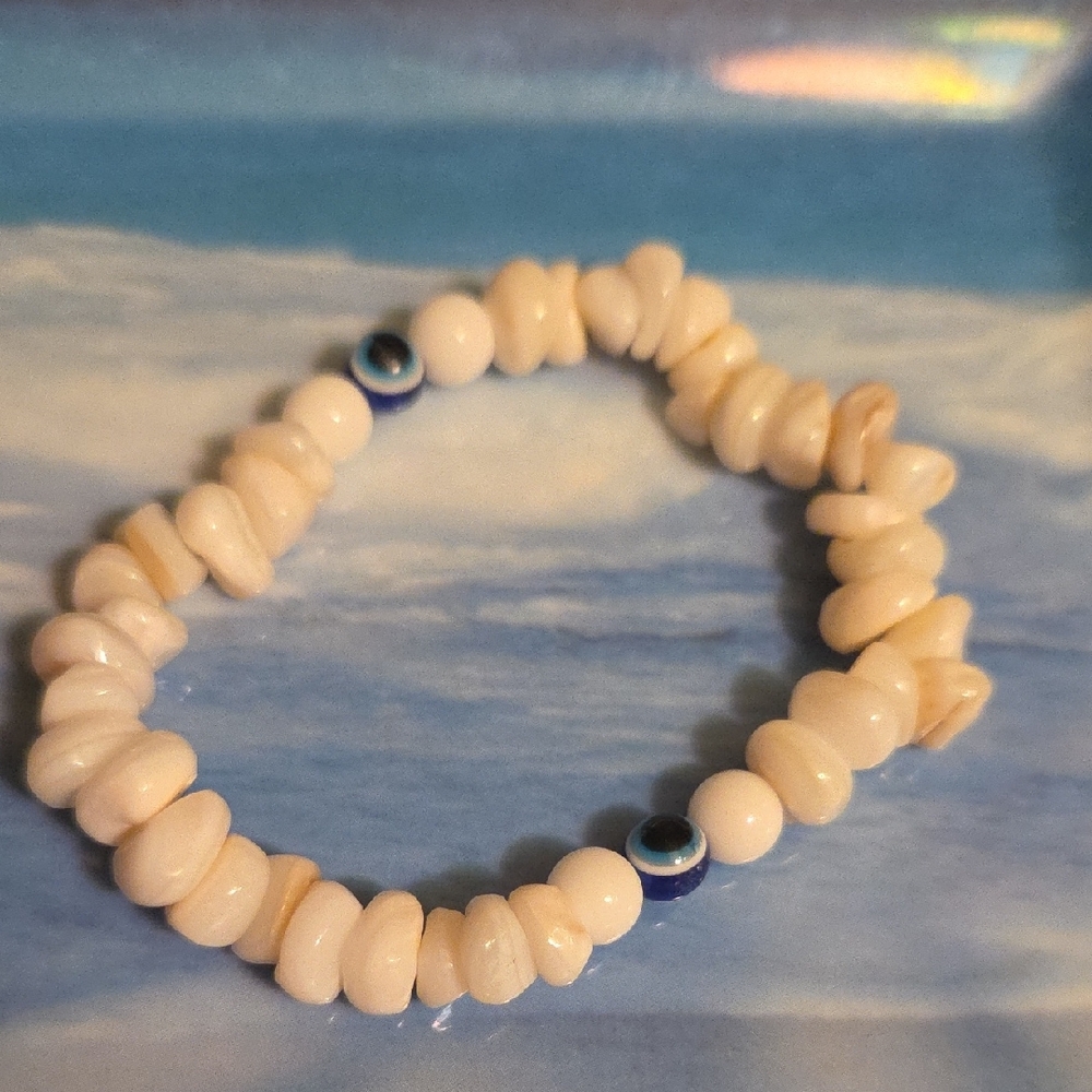 Cream Beaded Bracelet with Blue Accents ( 2pc Set)